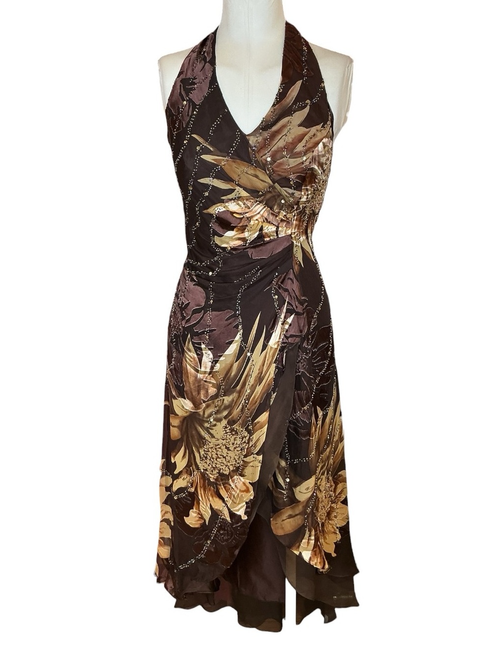 Vintage Y2K Andy Anand Halter Neck Brown Floral Print Beaded High Low Maxi Dress